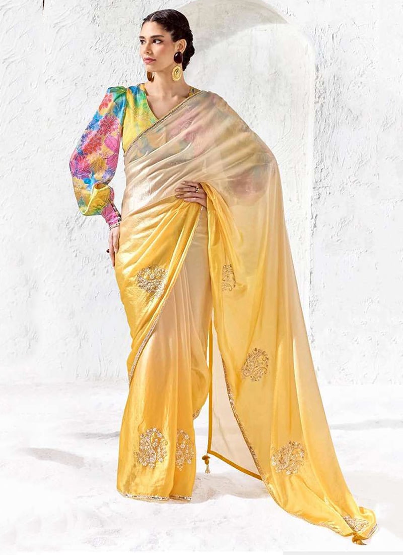 Cream Organza Silk Embroidered Saree with Digital Print Blouse After Six Wear