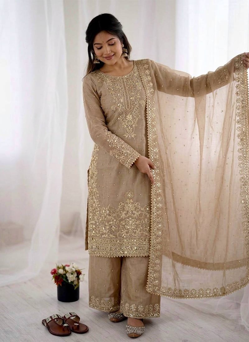 Cream Organza Silk Embroidered Sequins With Moti Work Palazzo Suit Festive Wear