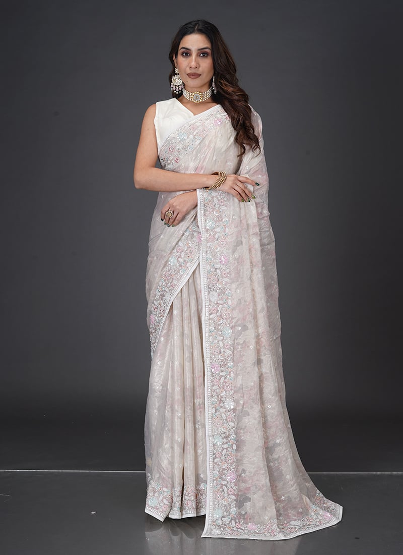 Cream Organza Stone And Sequins Work Saree Wedding Wear