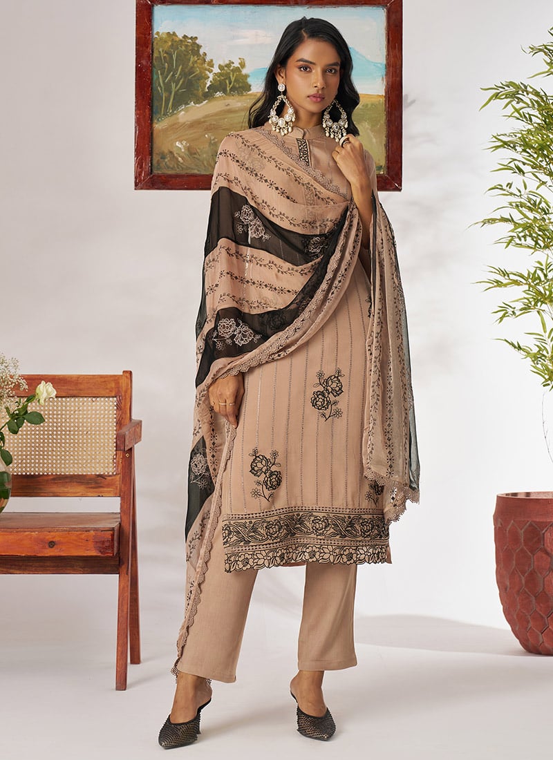 Cream Organza Thread Embroidered Sequins Straight Pant Suit Festive Wear