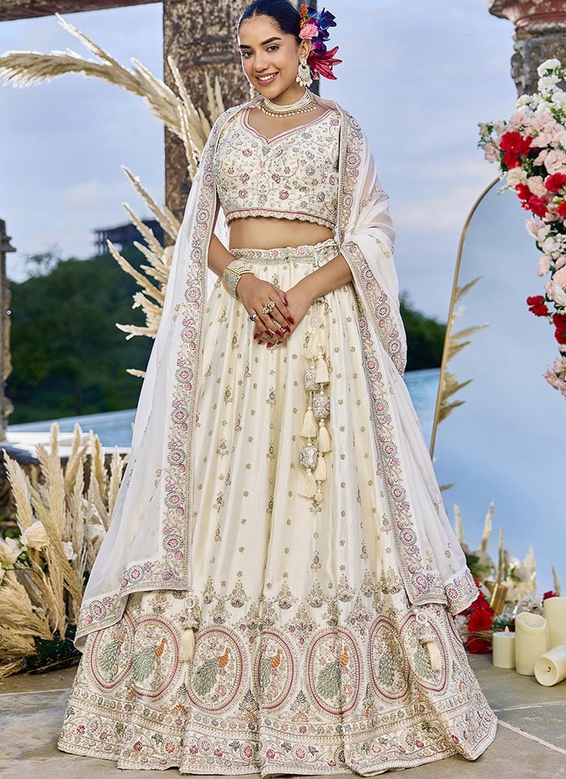 Cream Organza Viscose Embroidered Sequins With Beads Work Lehenga Set Wedding Wear