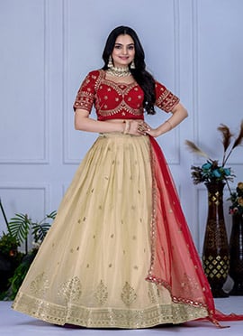 Cream Organza Zari Embroidered Sequins Lehenga