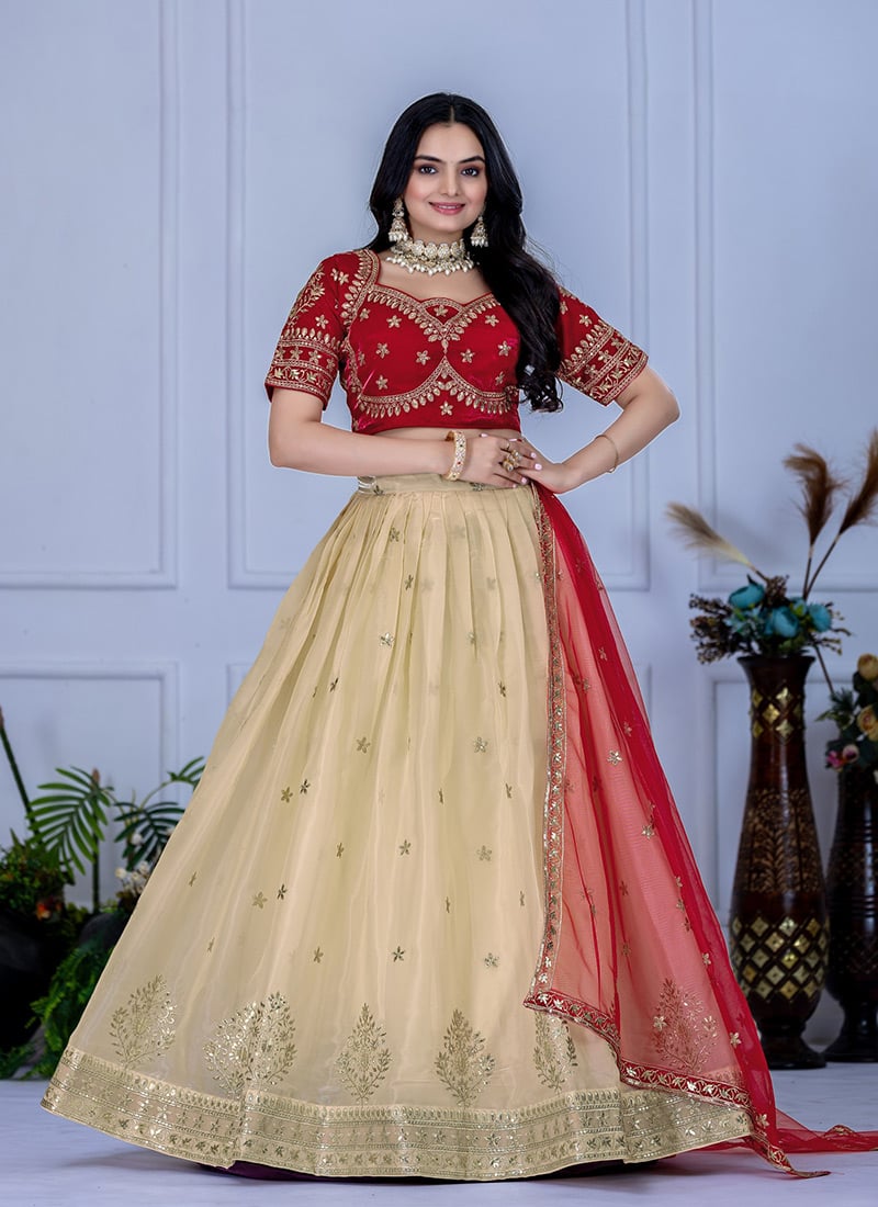 Cream Organza Zari Embroidered Sequins Lehenga Festive Wear