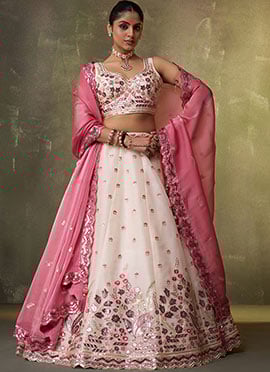 Cream Organza Zari Embroidered Sequins With Beads Work Lehenga