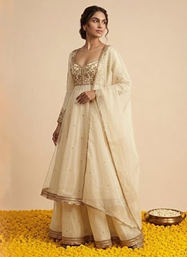 Cream Organza Zari Sequins Embroidered Anarkali Suit