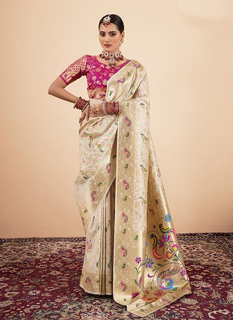 Cream Paithani Silk Hand Painted Zari Woven Saree Festive Wear