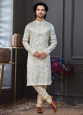Cream Pewor Silk Sequins Embroidered Thread Kurta Pyjama