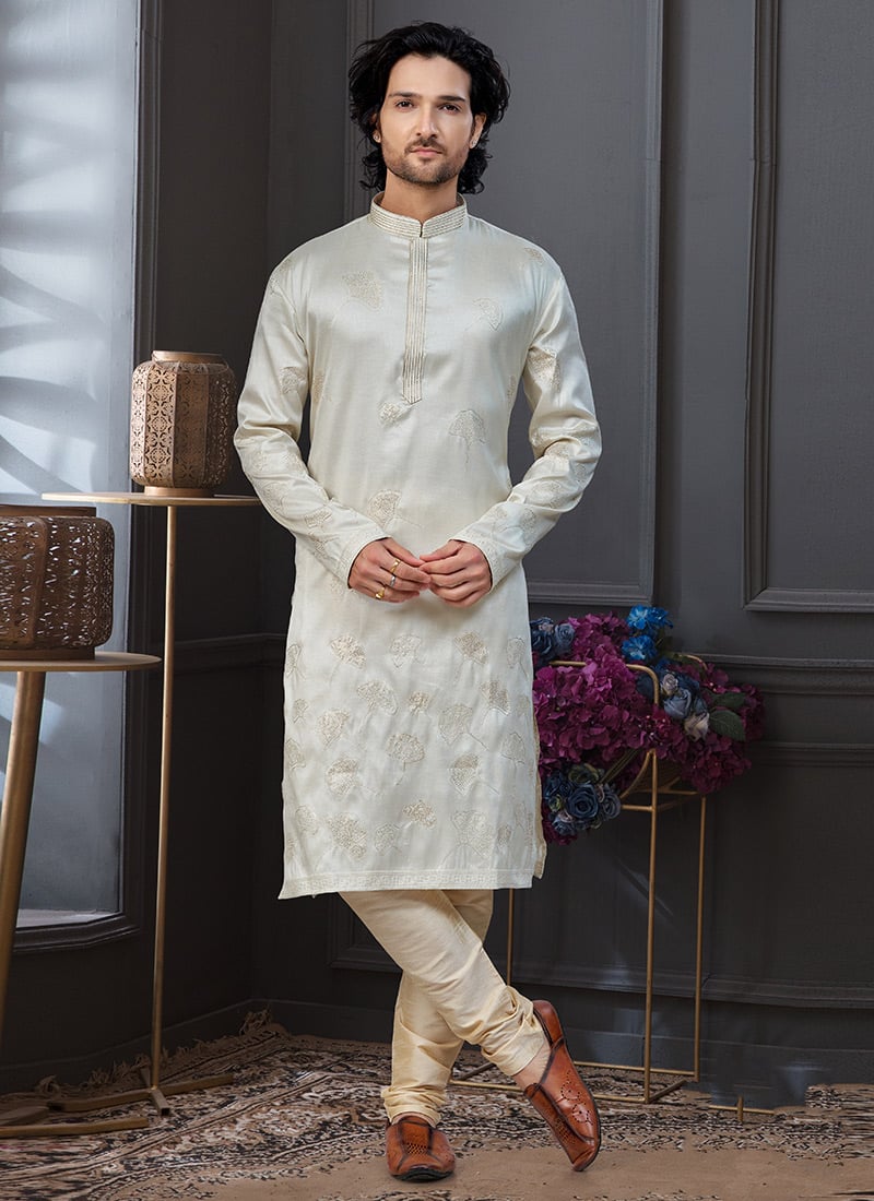 Cream Pewor Silk Sequins Embroidered Thread Classic Sherwani Festive Wear
