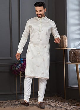 Cream Pewor Silk Zari Embroidered Classic Sherwani