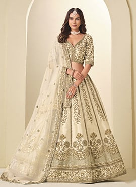 Cream Pink Silk Zari Embroidered Sequins Lehenga