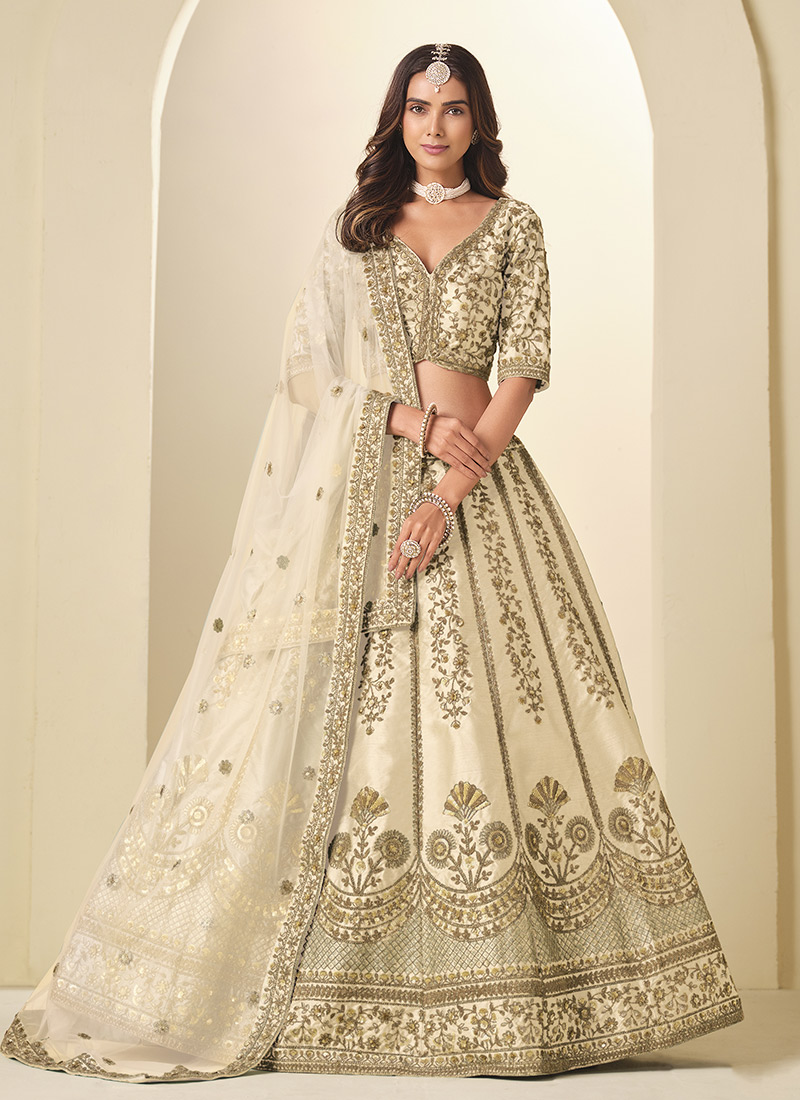 Cream Pink Silk Zari Embroidered Sequins Lehenga Wedding Wear