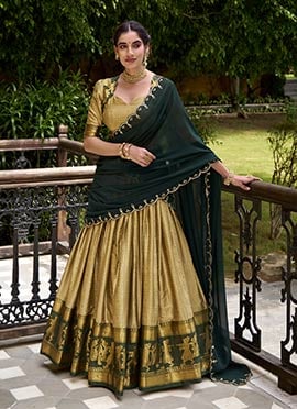 Cream Poly Cotton Jacquard Sequin Lehenga