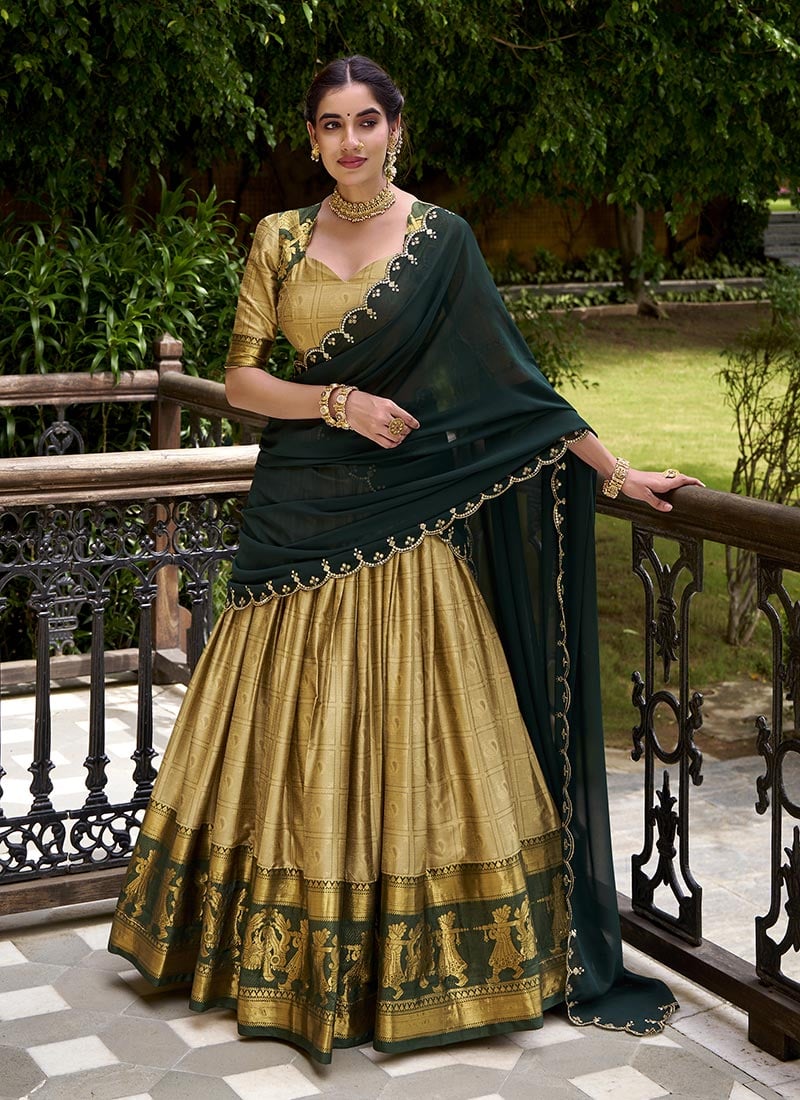 Cream Poly Cotton Jacquard Sequin Lehenga Festive Wear