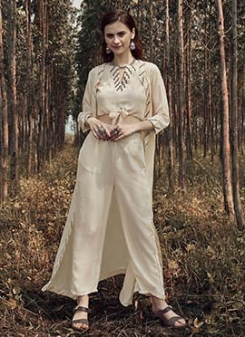 Cream Poly Viscose Embroidered Indo Western Jacket Set