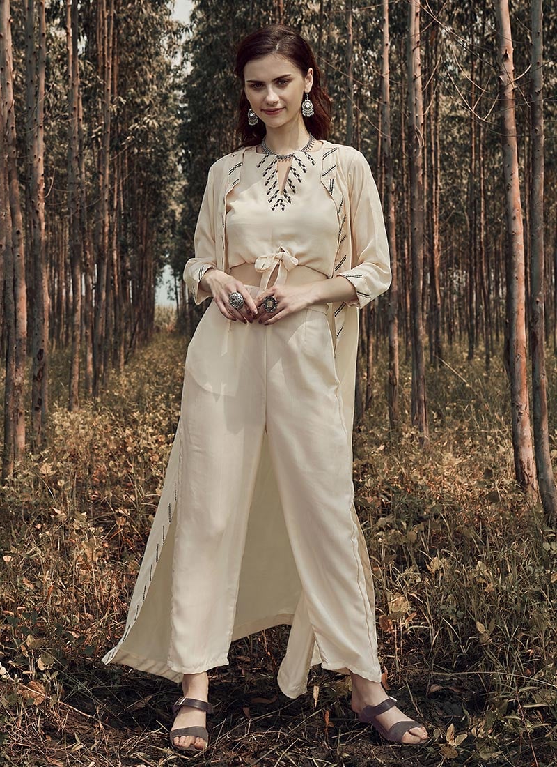 Cream Poly Viscose Embroidered Indo Western Jacket Set