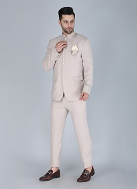 Cream Polyester Cotton Bandhgala Suit