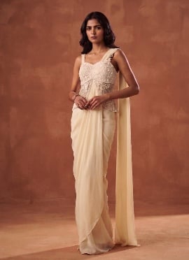 Cream Pre Draped Saree Sequins Cutdana Hand Embroidered Georgette