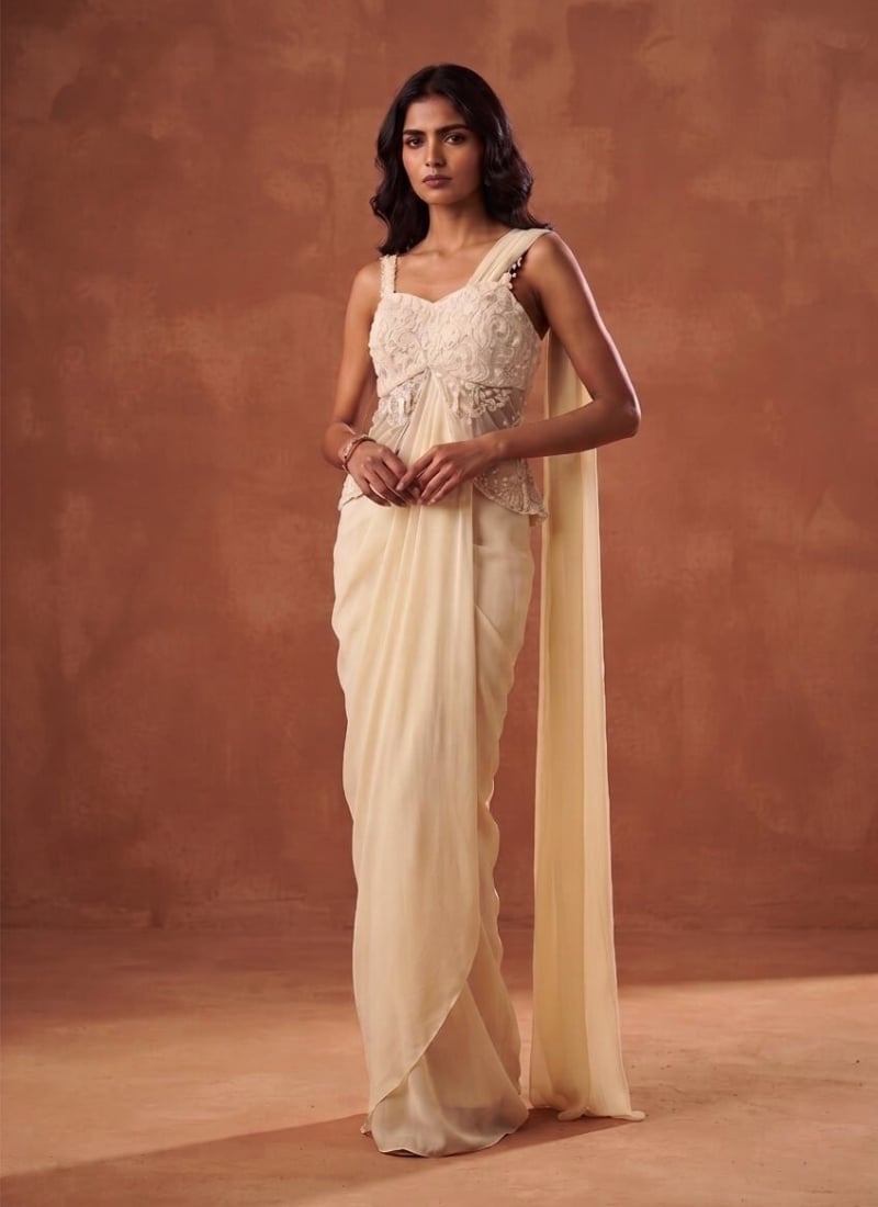 Cream Pre Draped Saree Sequins Cutdana Hand Embroidered Georgette Wedding Wear