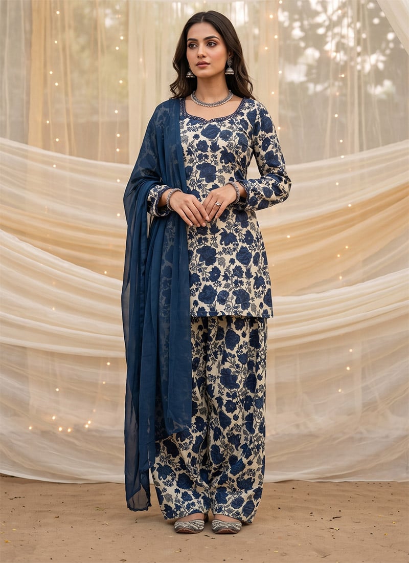 Cream Printed Embroidered Cotton Farshi Pant Suit Festive Wear