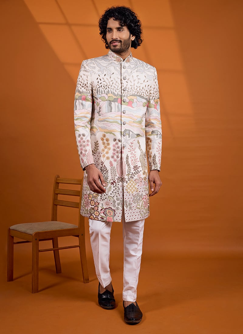 Cream Printed Embroidered Silk Indo Western Sherwani Festive Wear