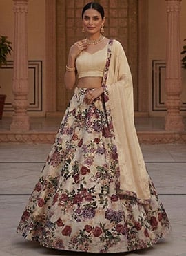 Cream Printed Taffeta Umbrella Lehenga