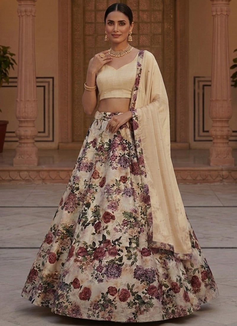 Cream Printed Taffeta Umbrella Lehenga Festive Wear
