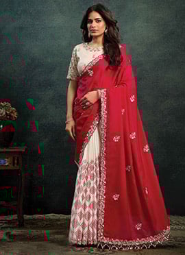 Cream Printed Upada Satin Silk Moti Hand Embroidered Saree