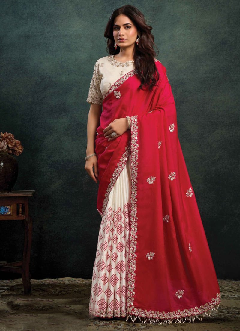 Cream Printed Upada Satin Silk Moti Hand Embroidered Saree Wedding Wear