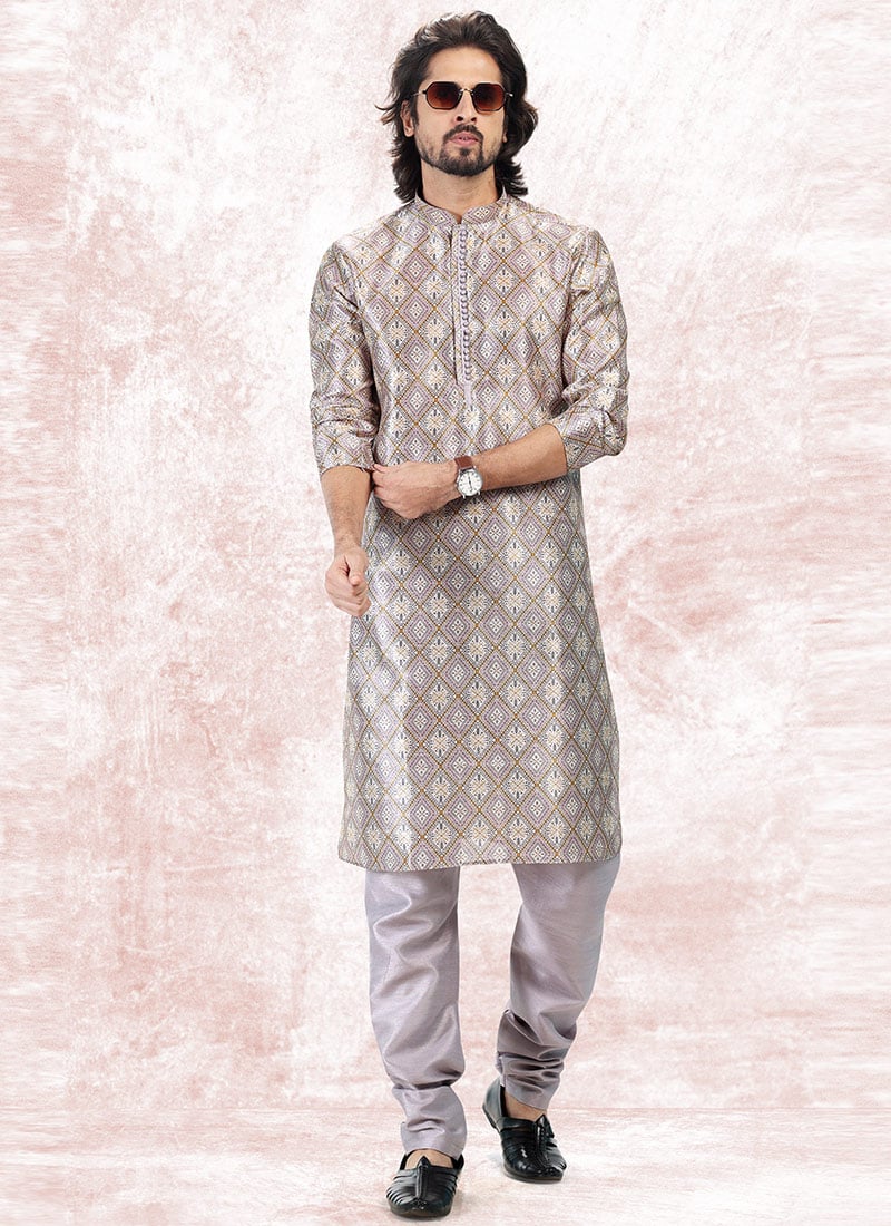 Cream Purple Banarasi Silk Jacquard Kurta Pyjama Party Wear