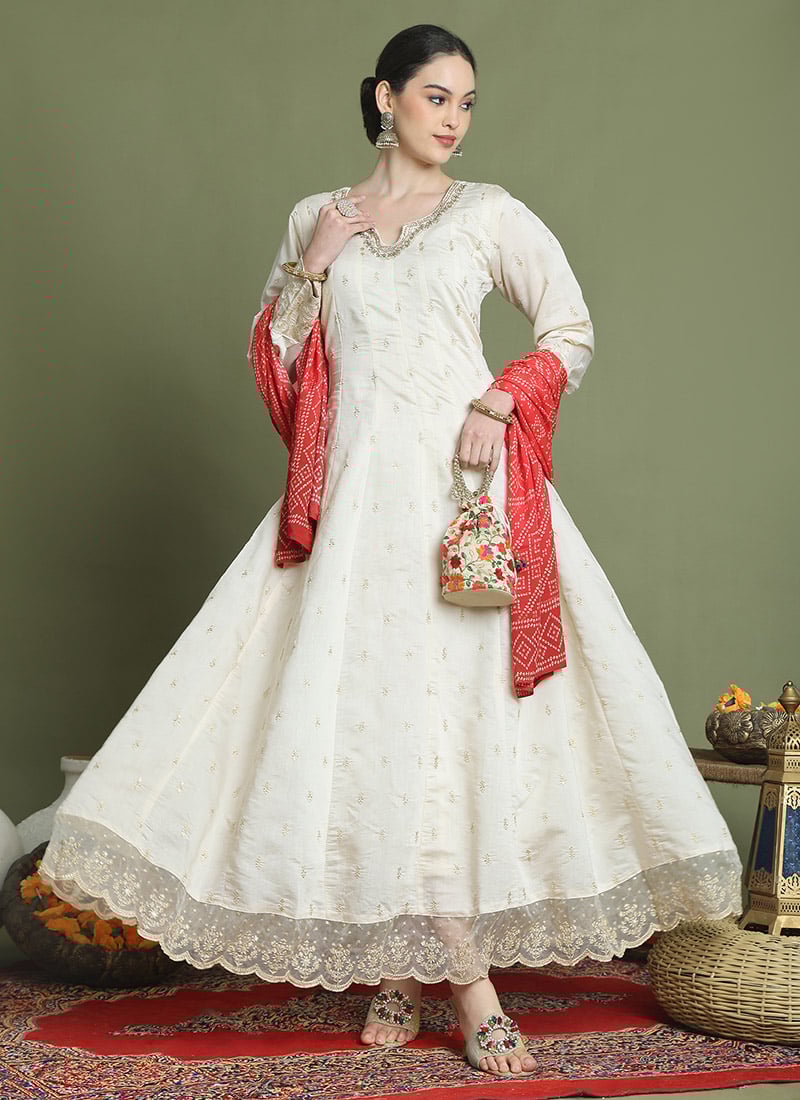 Cream Raw Silk Embroidered Sequins Anarkali Suit
