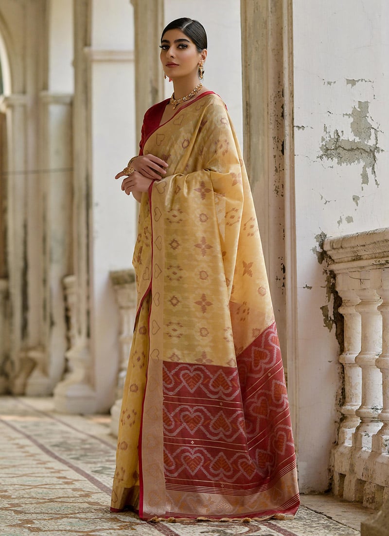 Cream Raw Silk Zari Resham Woven Ikat Print Saree Festive Wear