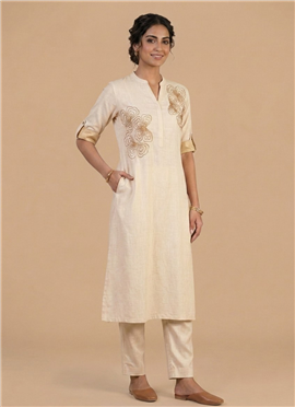 Cream Rayon Cotton Embroidered Kurta Set