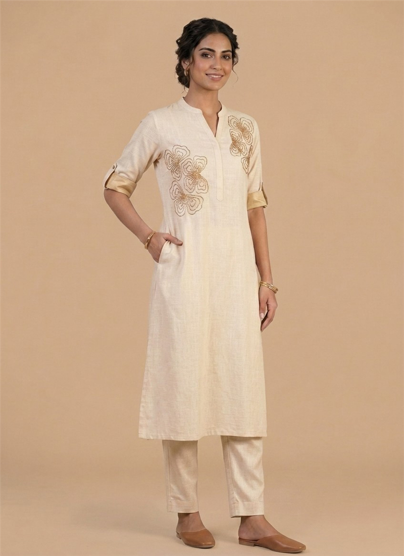 Cream Rayon Cotton Embroidered Kurta Set After Six Wear