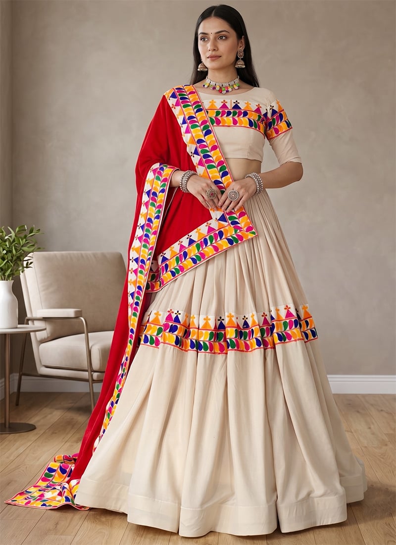 Dandiya Cream Rayon Cotton Embroidered Mirror Work Chaniya Choli Festive Wear