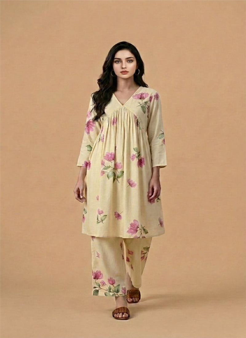 Cream Rayon Cotton Floral Kurta Set After Six Wear