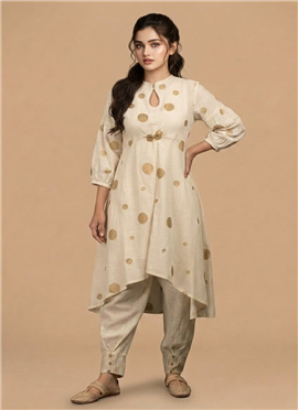 Cream Rayon Cotton Polka Kurta Set