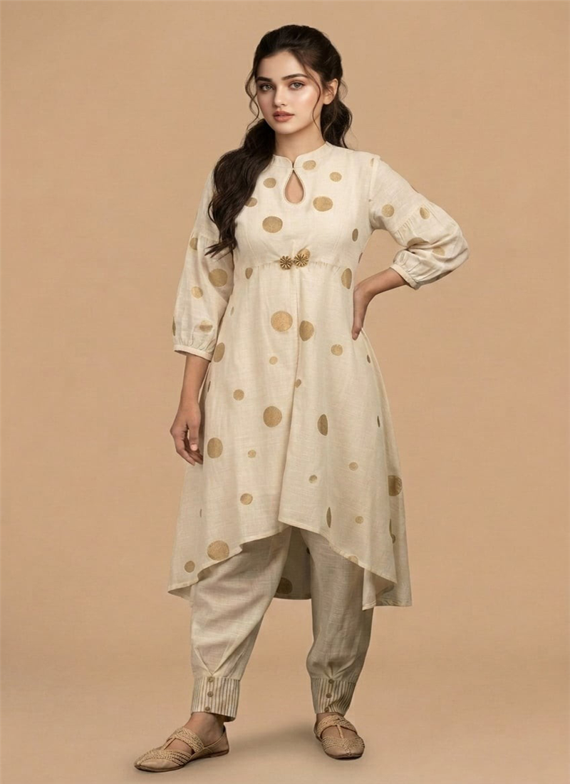 Cream Rayon Cotton Polka Kurta Set After Six Wear