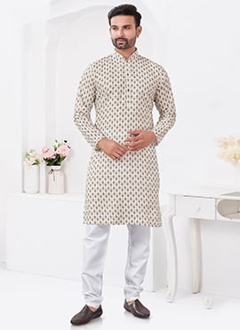 Cream Rayon Cotton Printed Kurta Pyjama