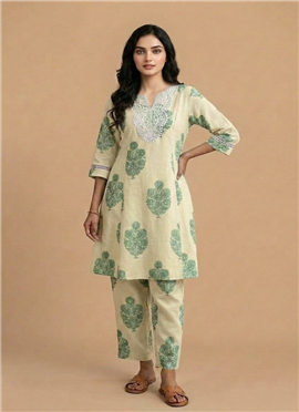 Cream Rayon Cotton Printed Kurta Set
