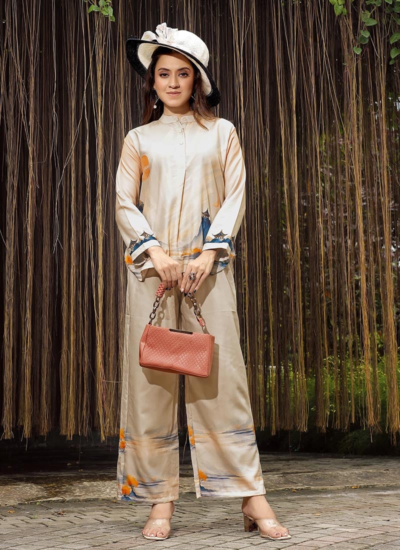 Cream Rayon Digital Print Co Ord Set After Six Wear