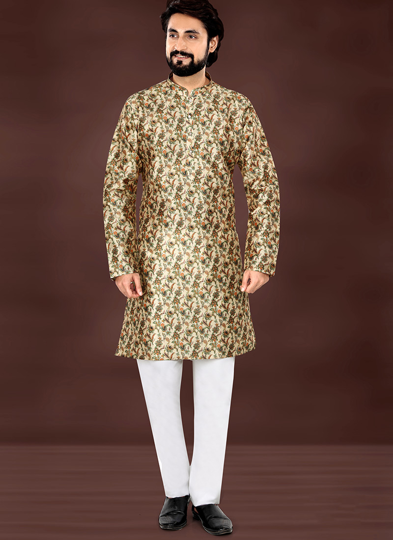 Cream Rayon Digital Print Kurta Pyjama Festive Wear