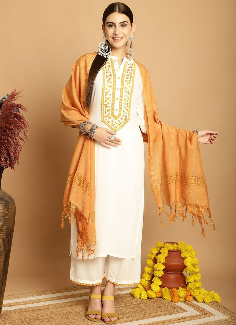 Cream Rayon Embroidered Palazzo Suit After Six Wear