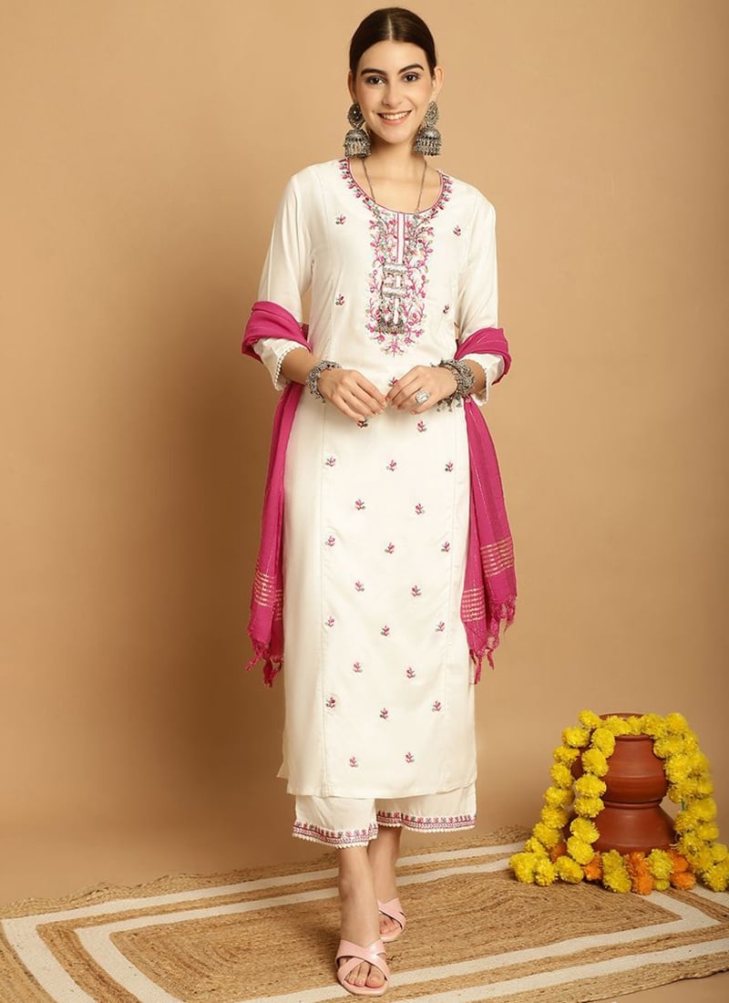 Cream Rayon Embroidered Palazzo suit After Six Wear