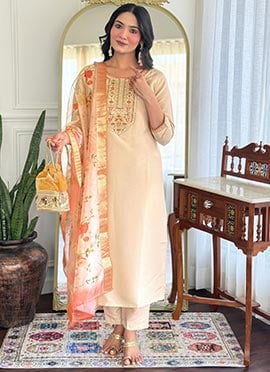 Cream Rayon Embroidered Sequins Jacquard Straight Pant Suit