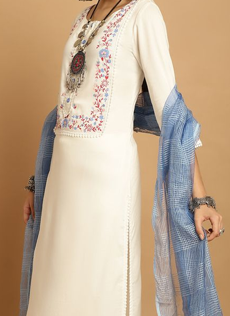 Cream Designer Readymade Pant Suit With Wevon Designer Work main image 0