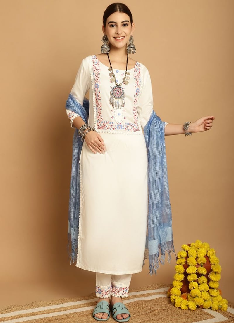Cream Rayon Embroidered Straight Pant Suit After Six Wear