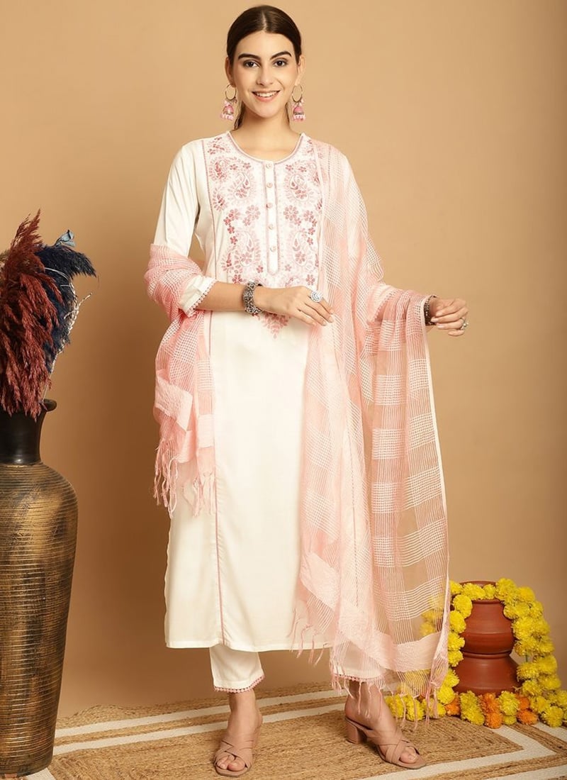 Cream Rayon Embroidered Straight Pant Suit After Six Wear