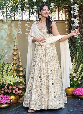 Cream Rayon Floral Digital Print Anarkali Suit