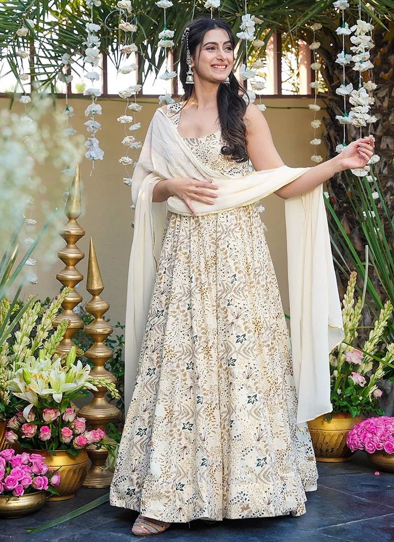 Cream Rayon Floral Digital Print Anarkali Suit After Six Wear