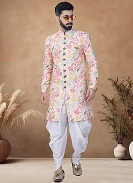 Cream Rayon Floral Embroidered Sequins Indowestern Sherwani